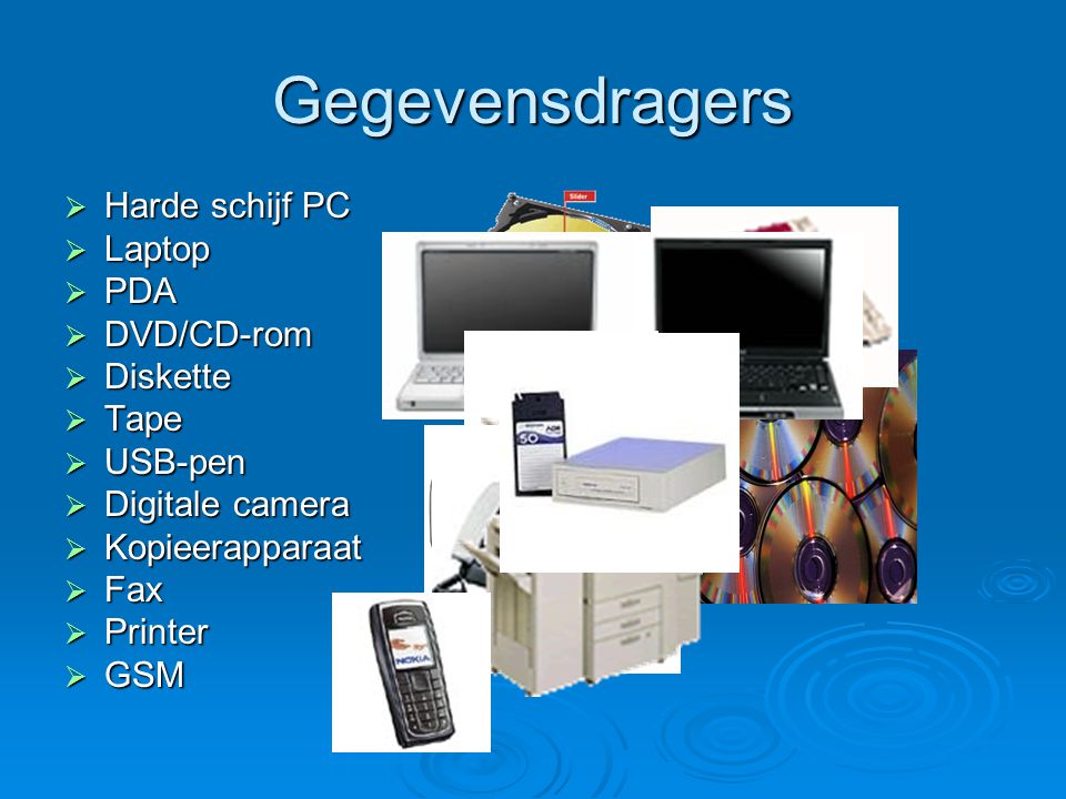 Gegevensdragers Harde schijf PC Laptop PDA DVD/CD-rom Diskette Tape