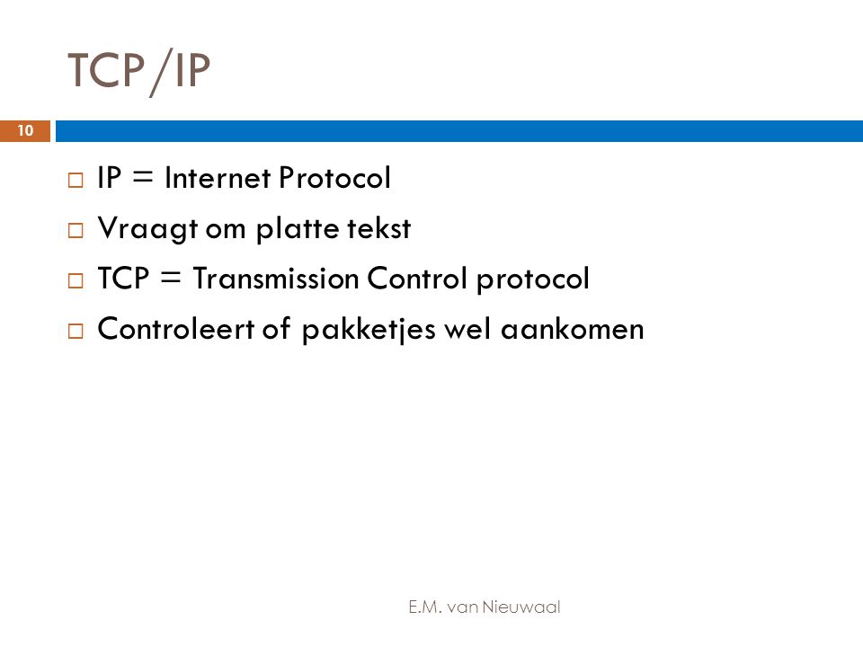 TCP/IP IP = Internet Protocol Vraagt om platte tekst