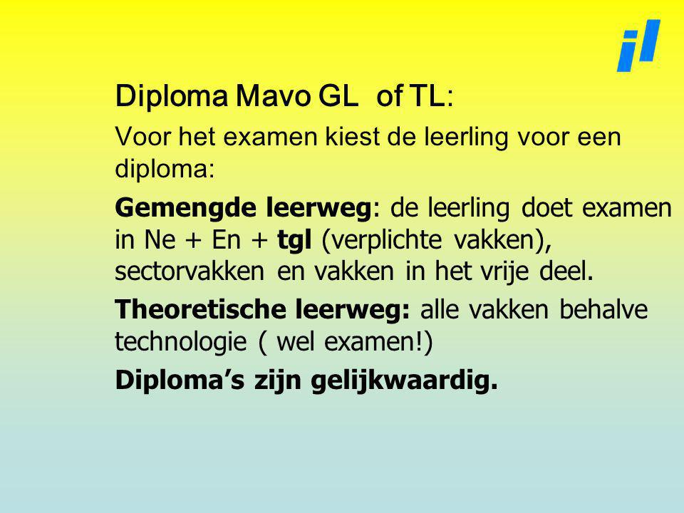 Diploma Mavo GL of TL: Voor het examen kiest de leerling voor een diploma:
