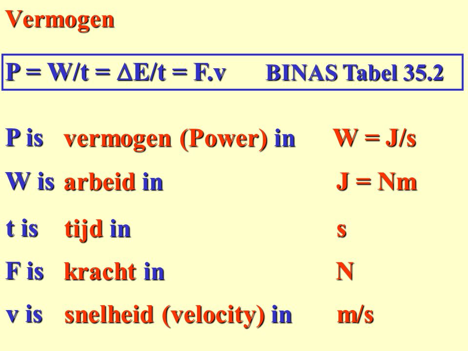 P = W/t = DE/t = F.v BINAS Tabel 35.2