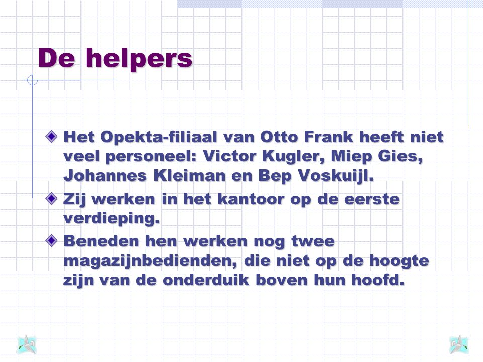 De helpers Het Opekta-filiaal van Otto Frank heeft niet veel personeel: Victor Kugler, Miep Gies, Johannes Kleiman en Bep Voskuijl.