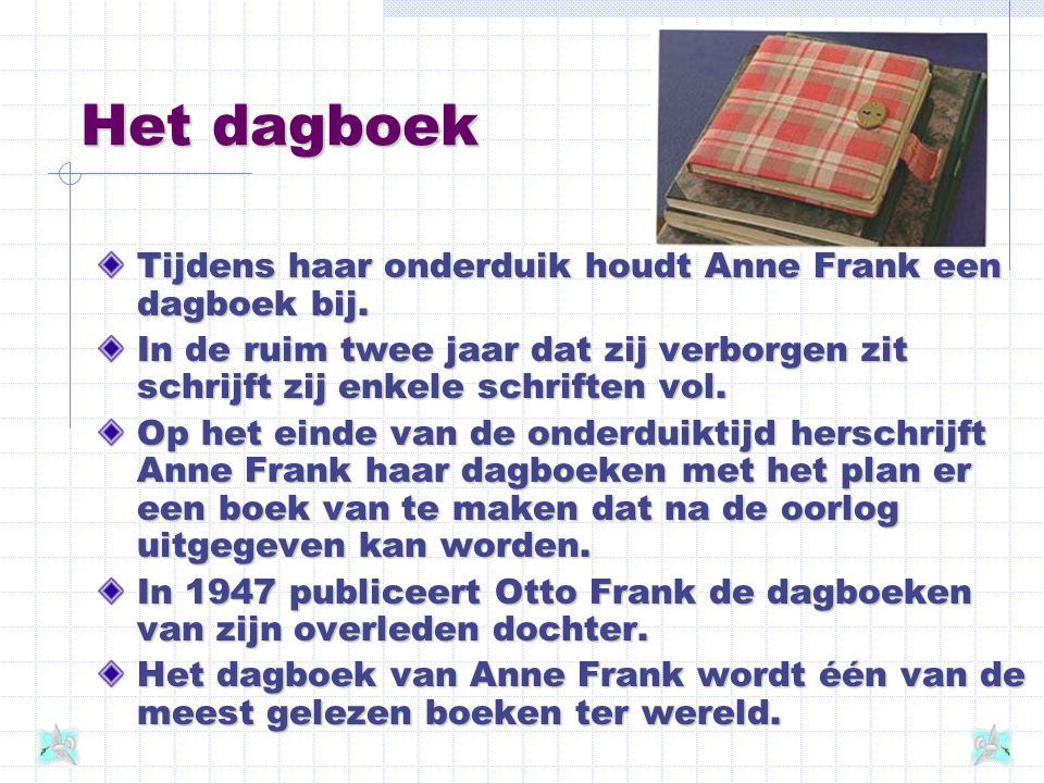 Het dagboek Tijdens haar onderduik houdt Anne Frank een dagboek bij.