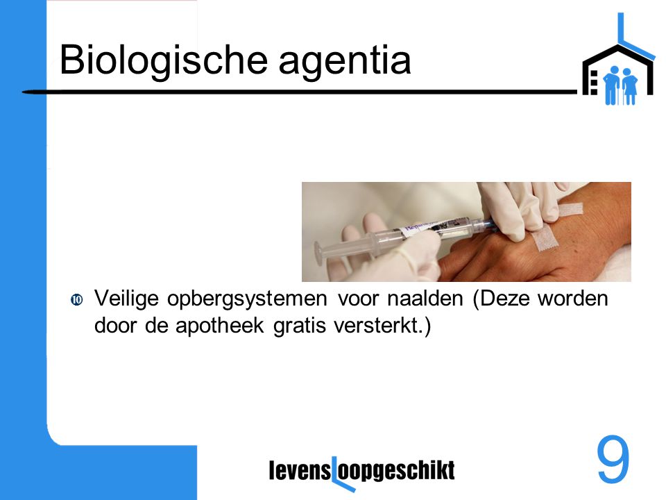 Biologische agentia Veilige opbergsystemen voor naalden (Deze worden door de apotheek gratis versterkt.)