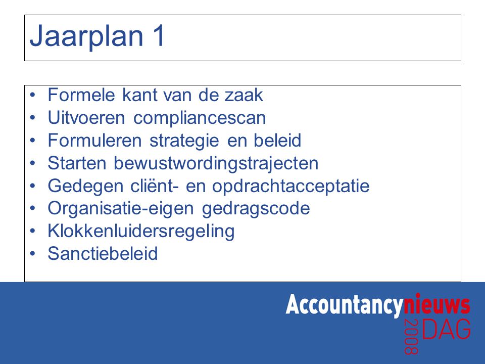 Jaarplan 1 Formele kant van de zaak Uitvoeren compliancescan