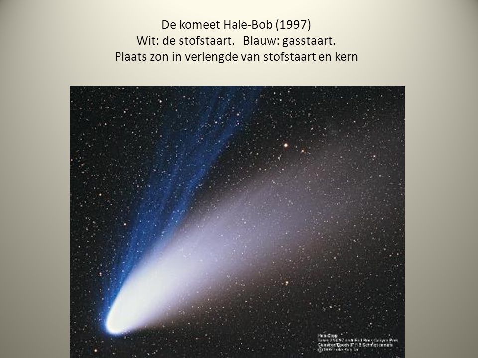 De komeet Hale-Bob (1997) Wit: de stofstaart. Blauw: gasstaart