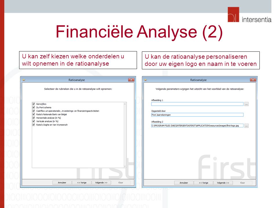 Financiële Analyse (2) U kan zelf kiezen welke onderdelen u wilt opnemen in de ratioanalyse.