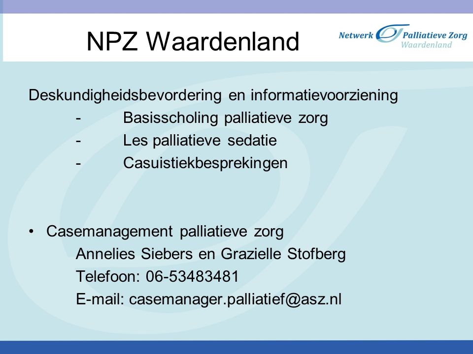 NPZ Waardenland Deskundigheidsbevordering en informatievoorziening