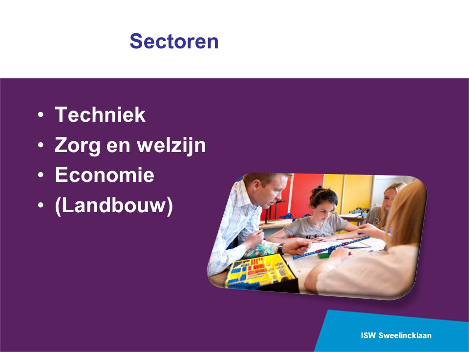 Sectoren Techniek Zorg en welzijn Economie (Landbouw)