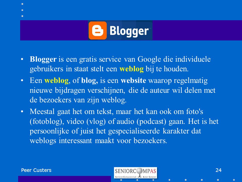 Blogger is een gratis service van Google die individuele gebruikers in staat stelt een weblog bij te houden.