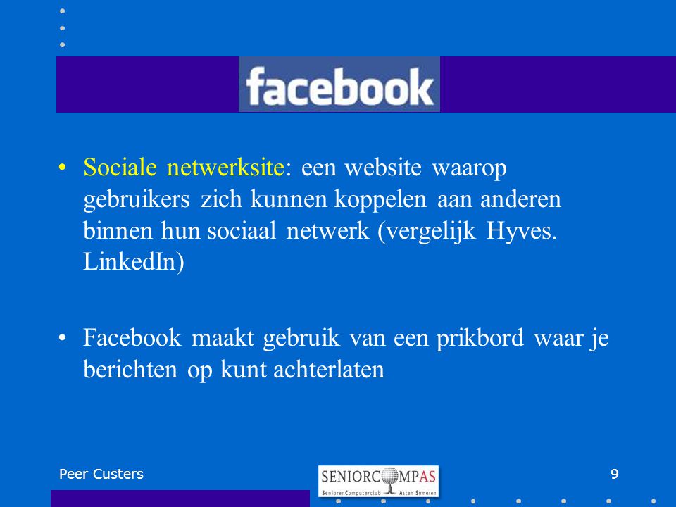 Sociale netwerksite: een website waarop gebruikers zich kunnen koppelen aan anderen binnen hun sociaal netwerk (vergelijk Hyves. LinkedIn)
