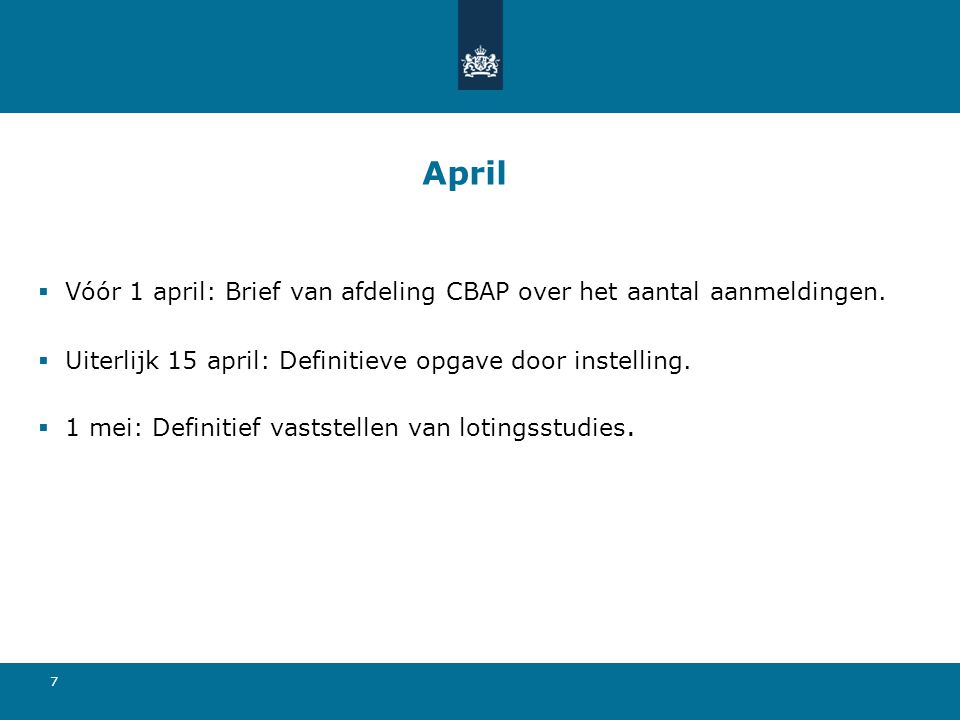 April Vóór 1 april: Brief van afdeling CBAP over het aantal aanmeldingen. Uiterlijk 15 april: Definitieve opgave door instelling.