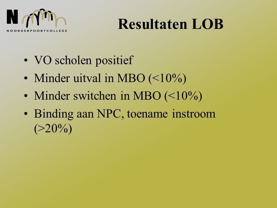 Resultaten LOB VO scholen positief Minder uitval in MBO (<10%)
