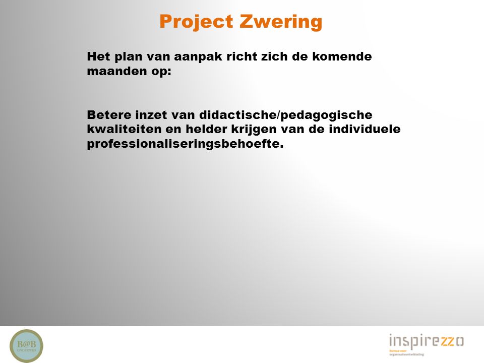 Project Zwering Het plan van aanpak richt zich de komende maanden op: