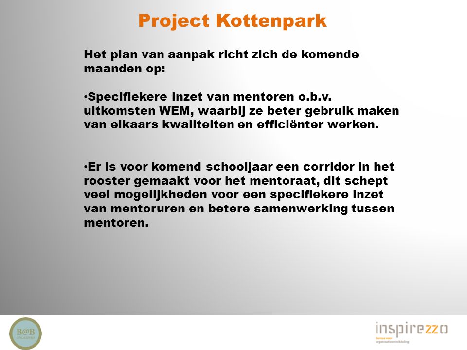 Project Kottenpark Het plan van aanpak richt zich de komende maanden op:
