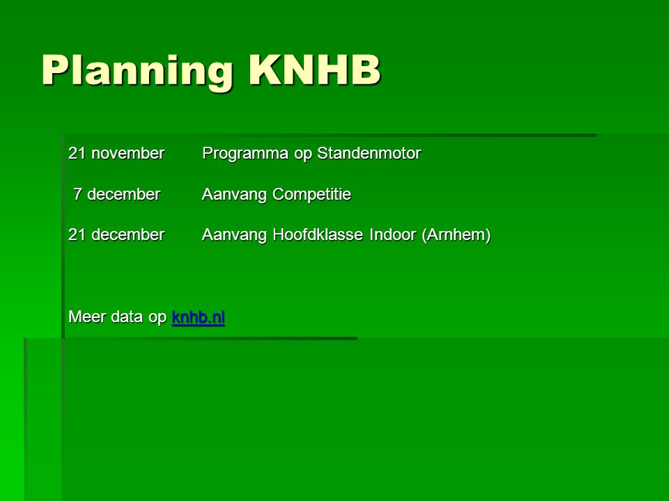 Planning KNHB 21 november Programma op Standenmotor