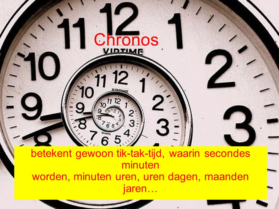 Chronos betekent gewoon tik-tak-tijd, waarin secondes minuten worden, minuten uren, uren dagen, maanden jaren…