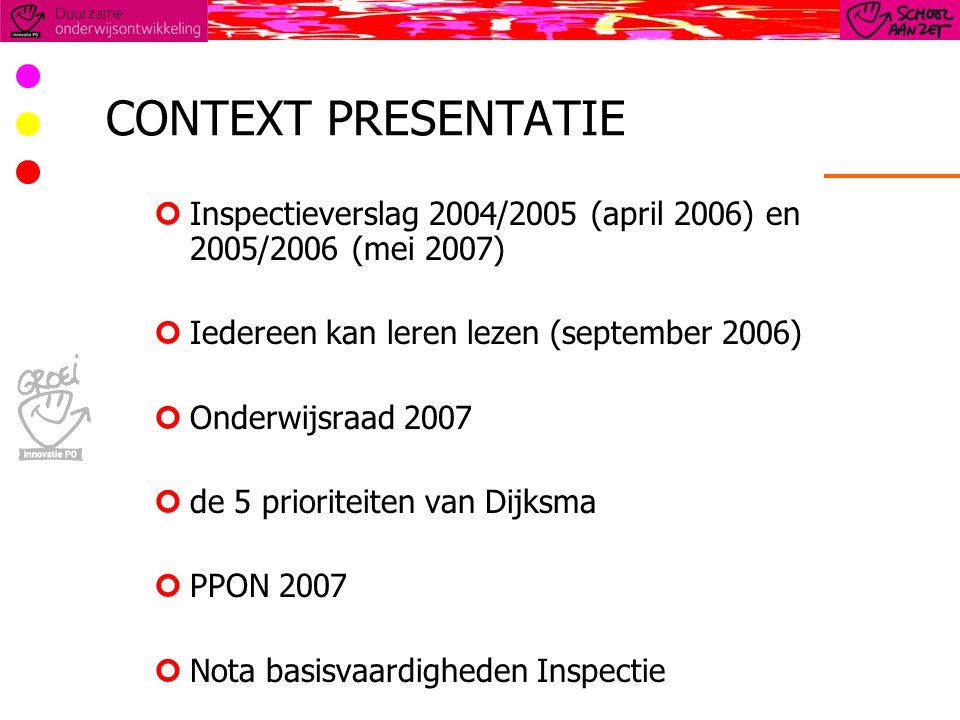 CONTEXT PRESENTATIE Inspectieverslag 2004/2005 (april 2006) en 2005/2006 (mei 2007) Iedereen kan leren lezen (september 2006)