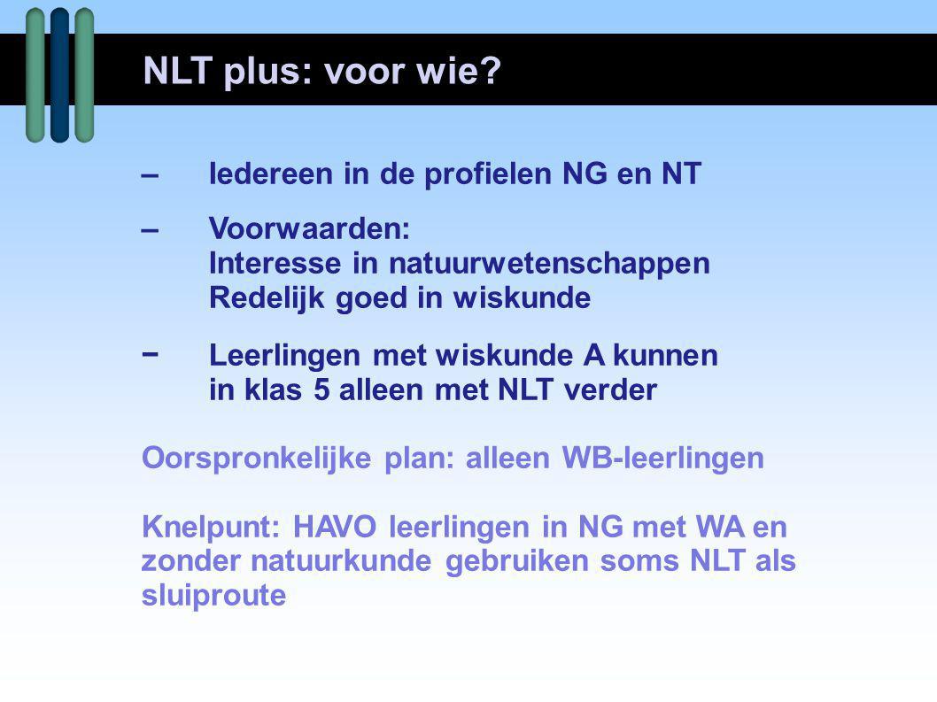 NLT plus: voor wie – Iedereen in de profielen NG en NT – Voorwaarden: