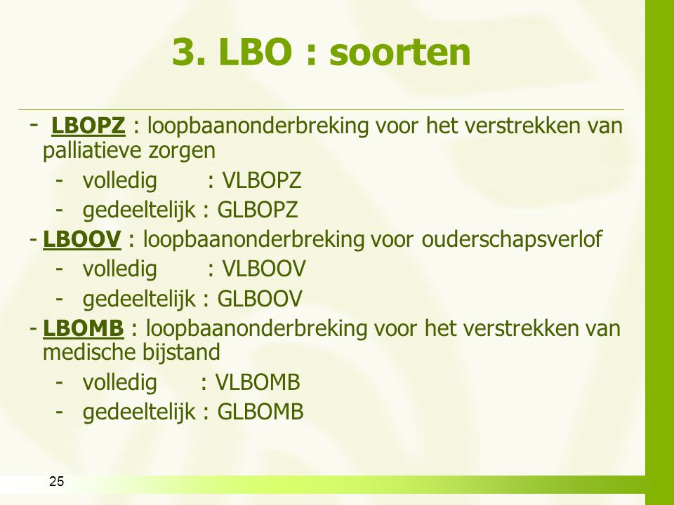 3. LBO : soorten - LBOPZ : loopbaanonderbreking voor het verstrekken van palliatieve zorgen. volledig : VLBOPZ.