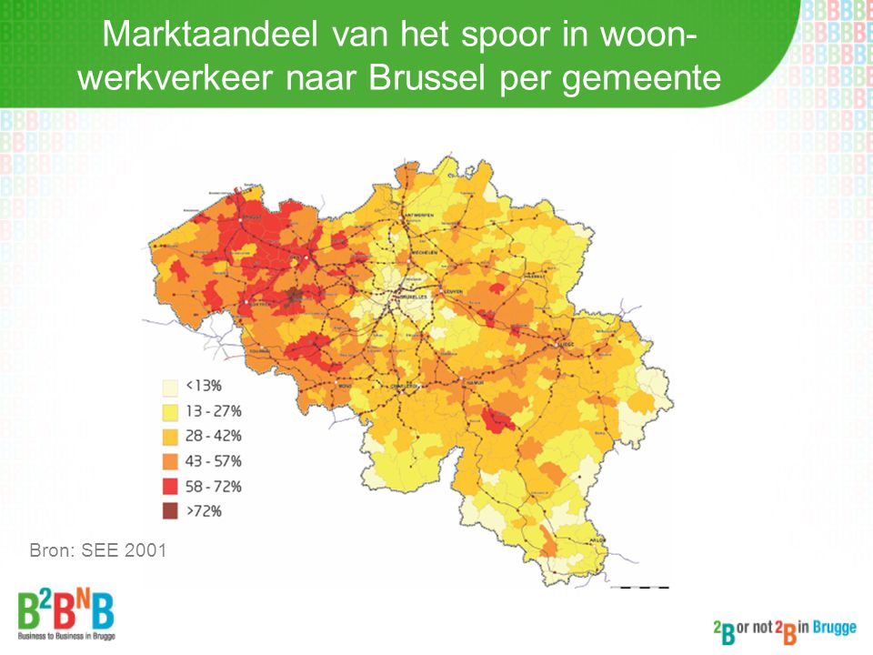 Marktaandeel van het spoor in woon-werkverkeer naar Brussel per gemeente
