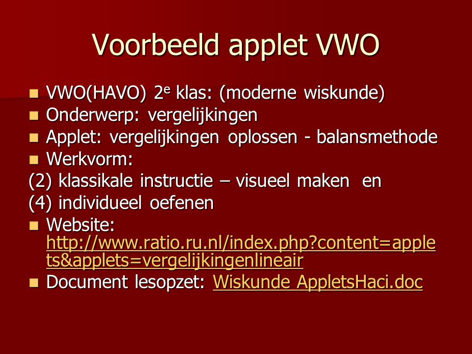 Voorbeeld applet VWO VWO(HAVO) 2e klas: (moderne wiskunde)
