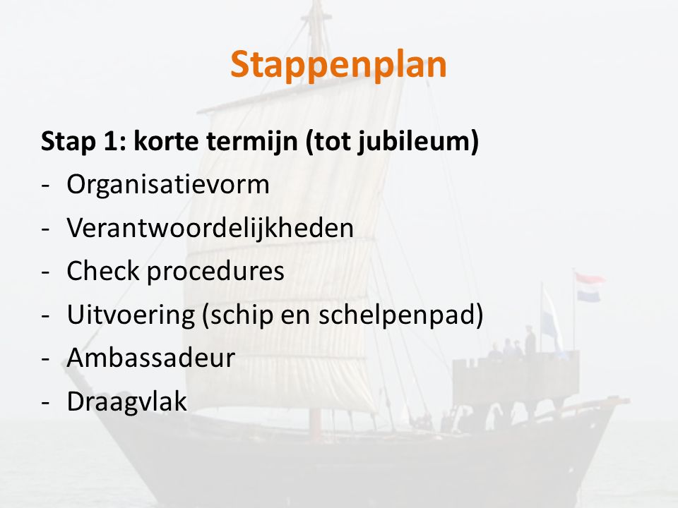 Stappenplan Stap 1: korte termijn (tot jubileum) Organisatievorm