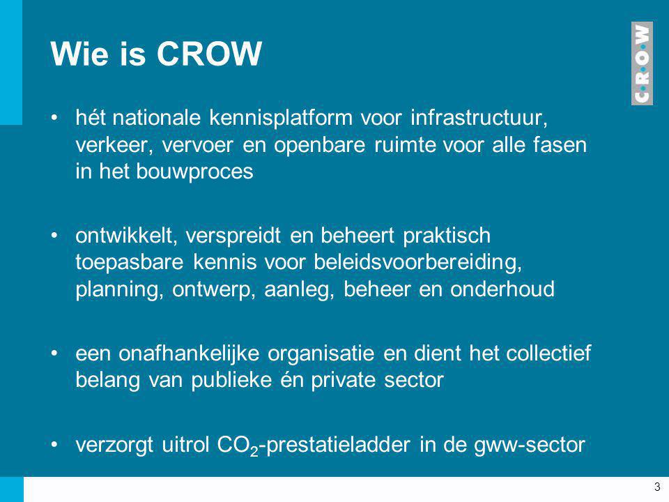 Wie is CROW hét nationale kennisplatform voor infrastructuur, verkeer, vervoer en openbare ruimte voor alle fasen in het bouwproces.
