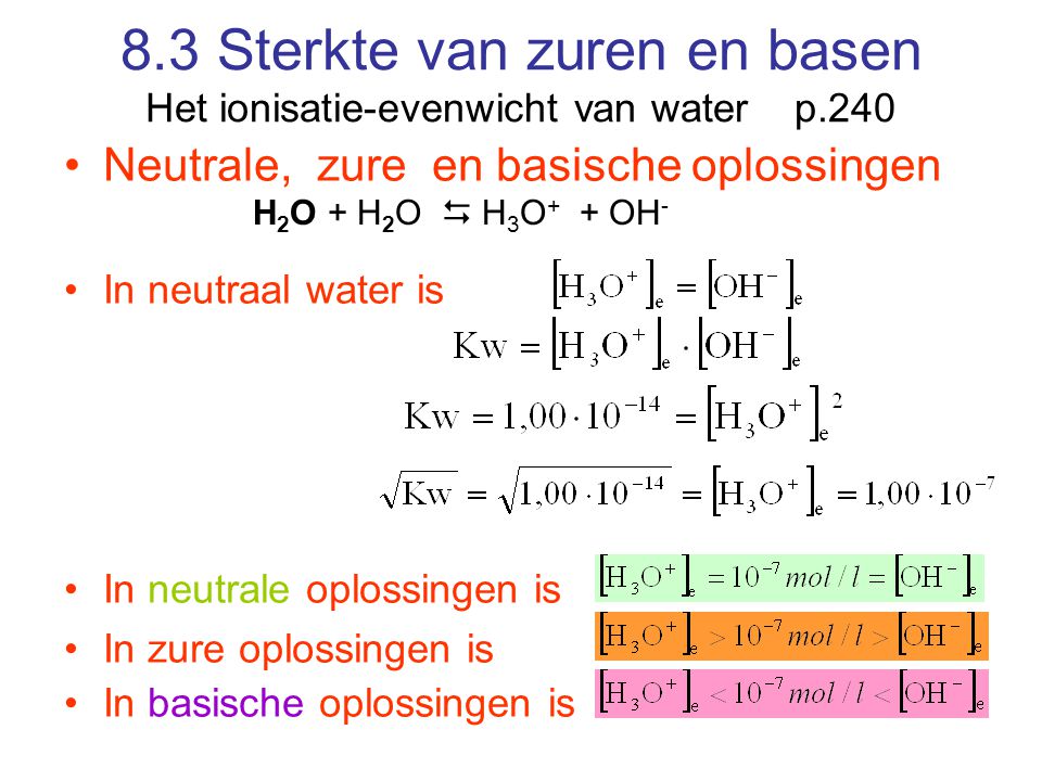 8.3 Sterkte van zuren en basen Het ionisatie-evenwicht van water p.240