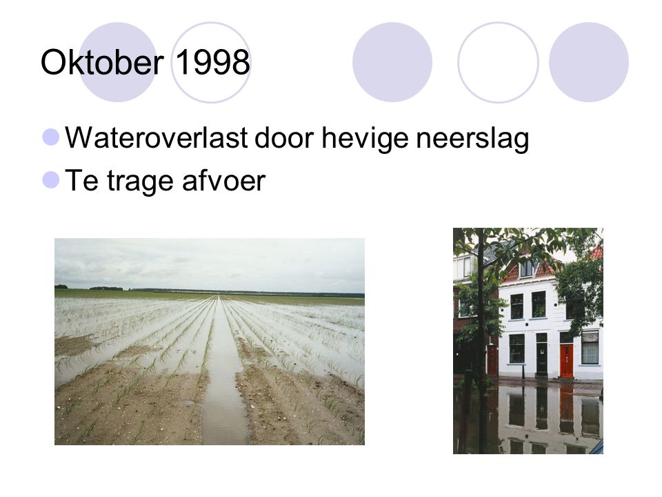 Oktober 1998 Wateroverlast door hevige neerslag Te trage afvoer
