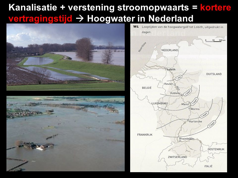 Kanalisatie + verstening stroomopwaarts = kortere vertragingstijd  Hoogwater in Nederland