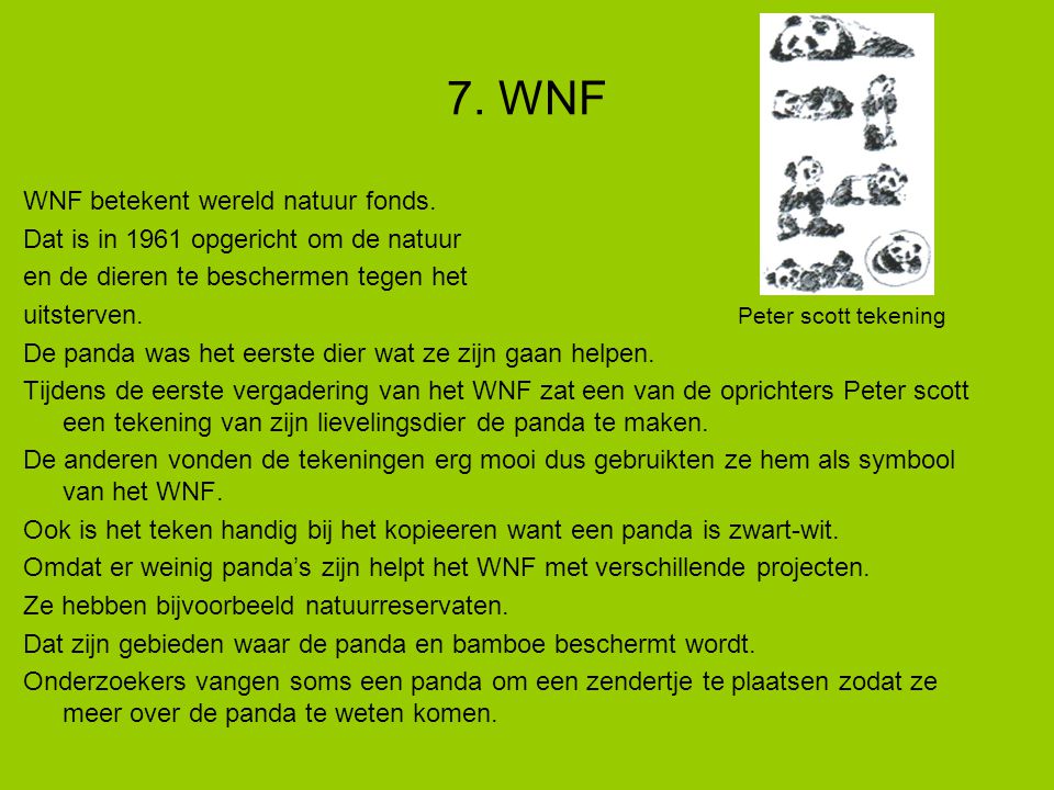 7. WNF WNF betekent wereld natuur fonds.