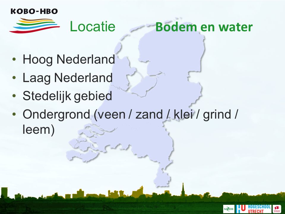 Locatie Bodem en water Hoog Nederland Laag Nederland Stedelijk gebied