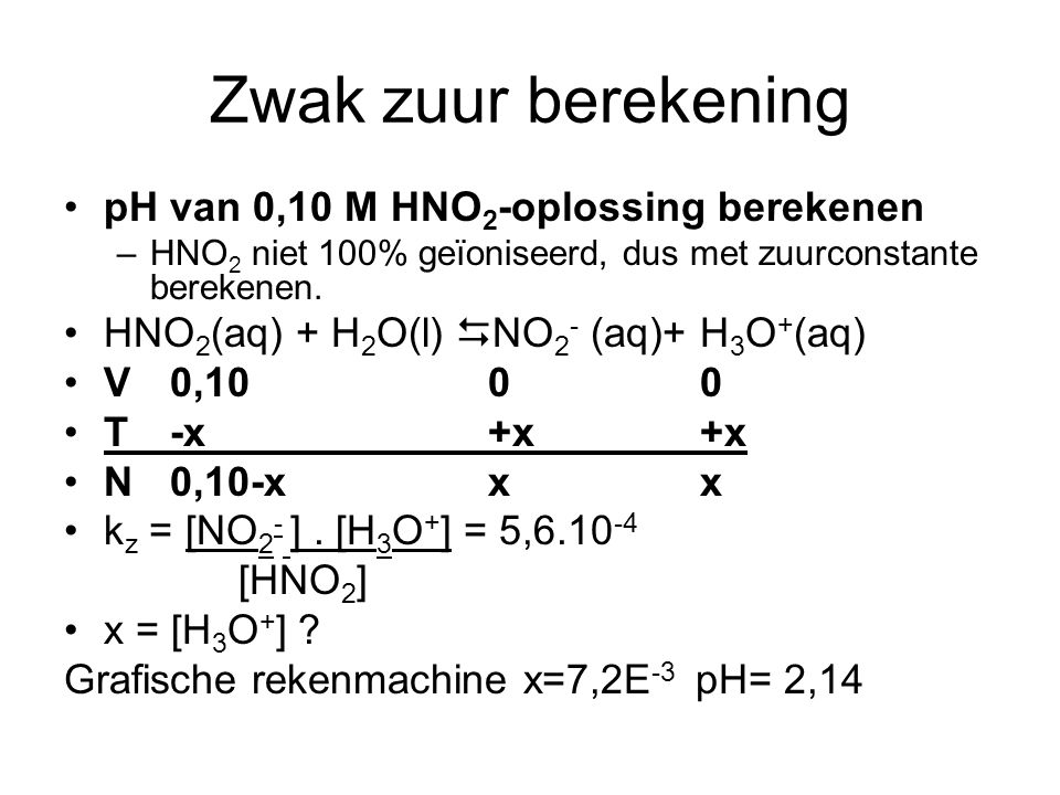Zwak zuur berekening pH van 0,10 M HNO2-oplossing berekenen