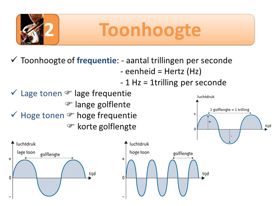2 Toonhoogte Toonhoogte of frequentie: - aantal trillingen per seconde