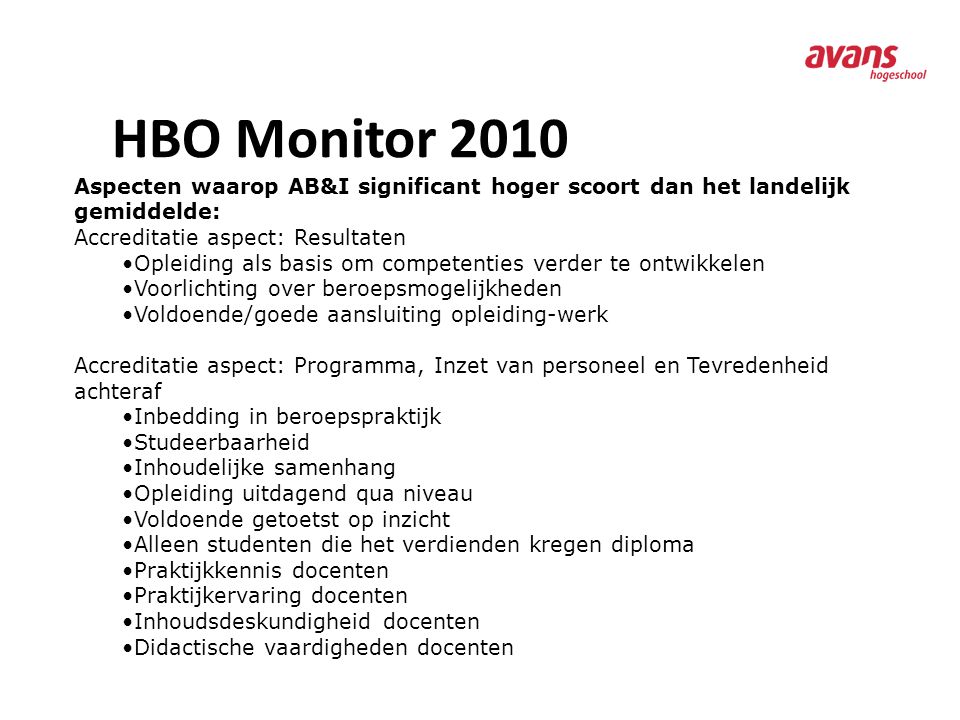 HBO Monitor 2010 Aspecten waarop AB&I significant hoger scoort dan het landelijk gemiddelde: Accreditatie aspect: Resultaten.