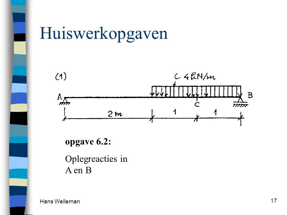 Huiswerkopgaven opgave 6.2: Oplegreacties in A en B Hans Welleman