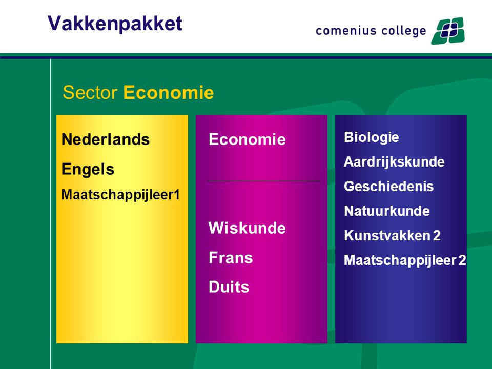 Vakkenpakket Sector Economie Nederlands Engels Economie Wiskunde Frans