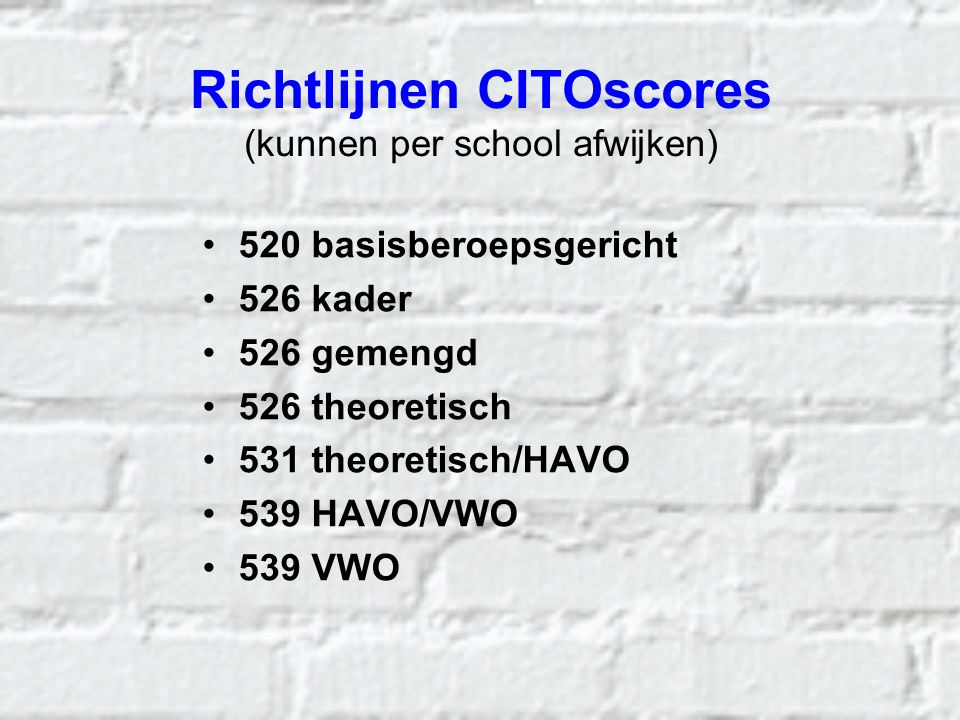 Richtlijnen CITOscores (kunnen per school afwijken)