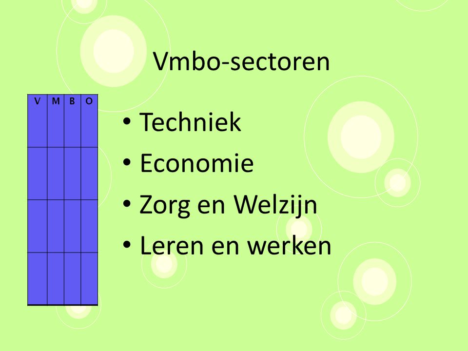 Vmbo-sectoren Techniek Economie Zorg en Welzijn Leren en werken V M B