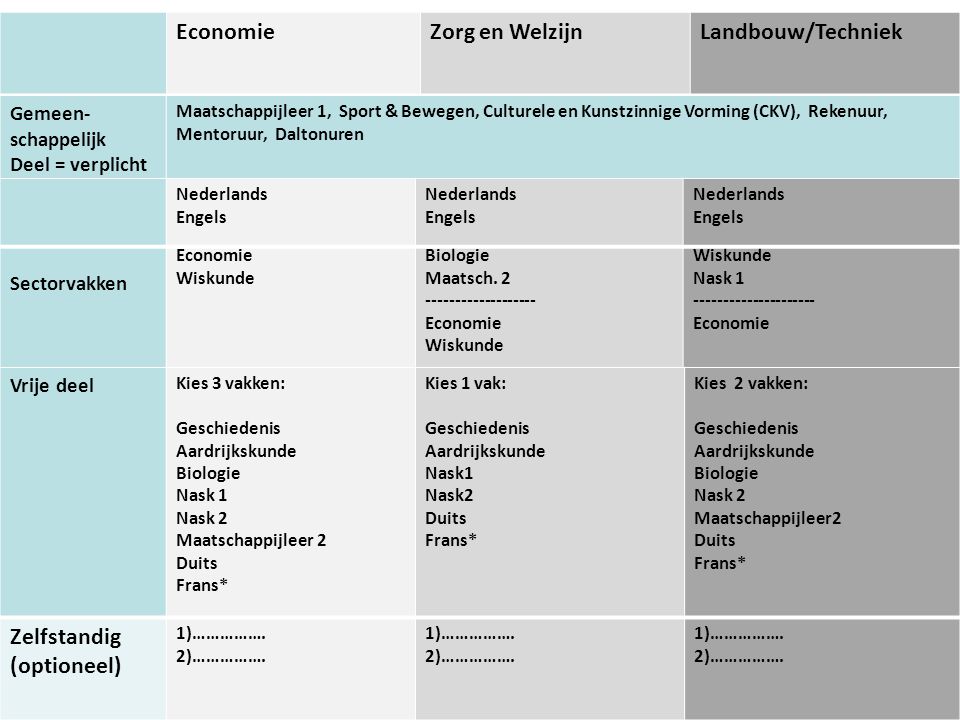 Economie Zorg en Welzijn Landbouw/Techniek Zelfstandig (optioneel)