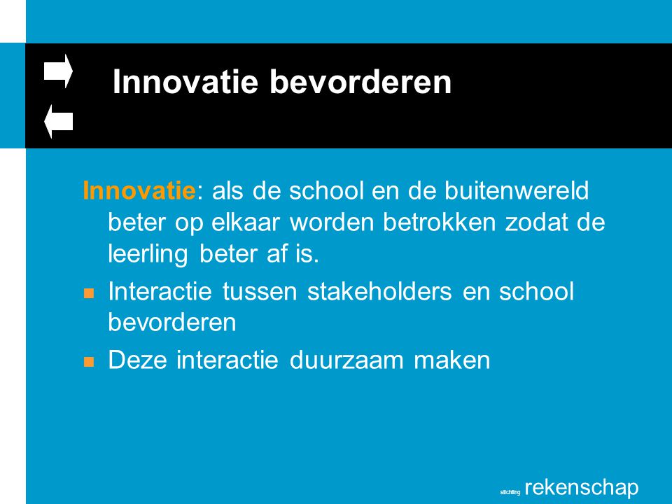 Innovatie bevorderen Innovatie: als de school en de buitenwereld beter op elkaar worden betrokken zodat de leerling beter af is.