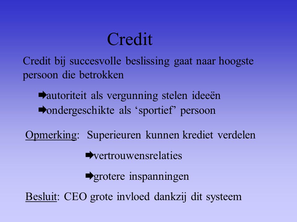 Credit Credit bij succesvolle beslissing gaat naar hoogste persoon die betrokken. autoriteit als vergunning stelen ideeën.