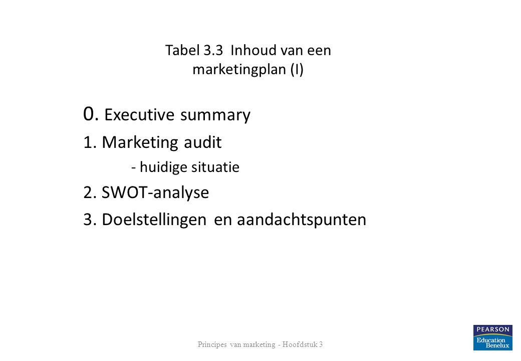 Tabel 3.3 Inhoud van een marketingplan (I)