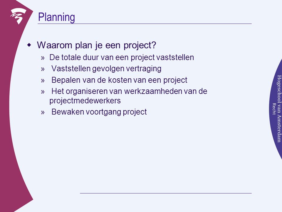 Planning Waarom plan je een project