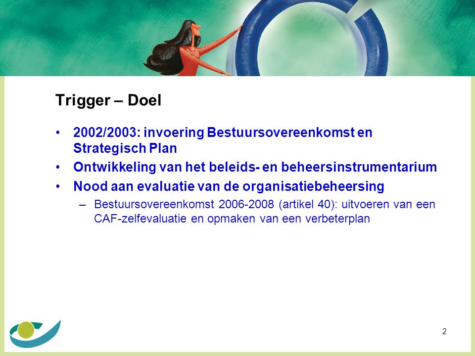 Trigger – Doel 2002/2003: invoering Bestuursovereenkomst en Strategisch Plan. Ontwikkeling van het beleids- en beheersinstrumentarium.