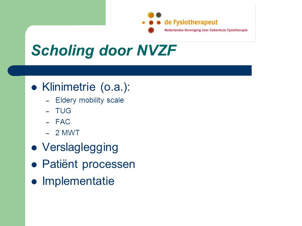 Scholing door NVZF Klinimetrie (o.a.): Verslaglegging
