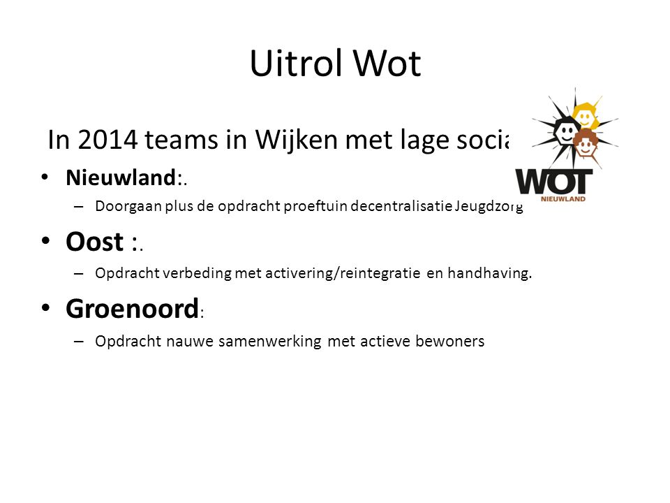 Uitrol Wot In 2014 teams in Wijken met lage sociale index: Oost :.