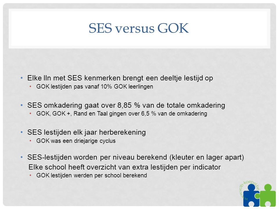 SES versus GOK Elke lln met SES kenmerken brengt een deeltje lestijd op. GOK lestijden pas vanaf 10% GOK leerlingen.