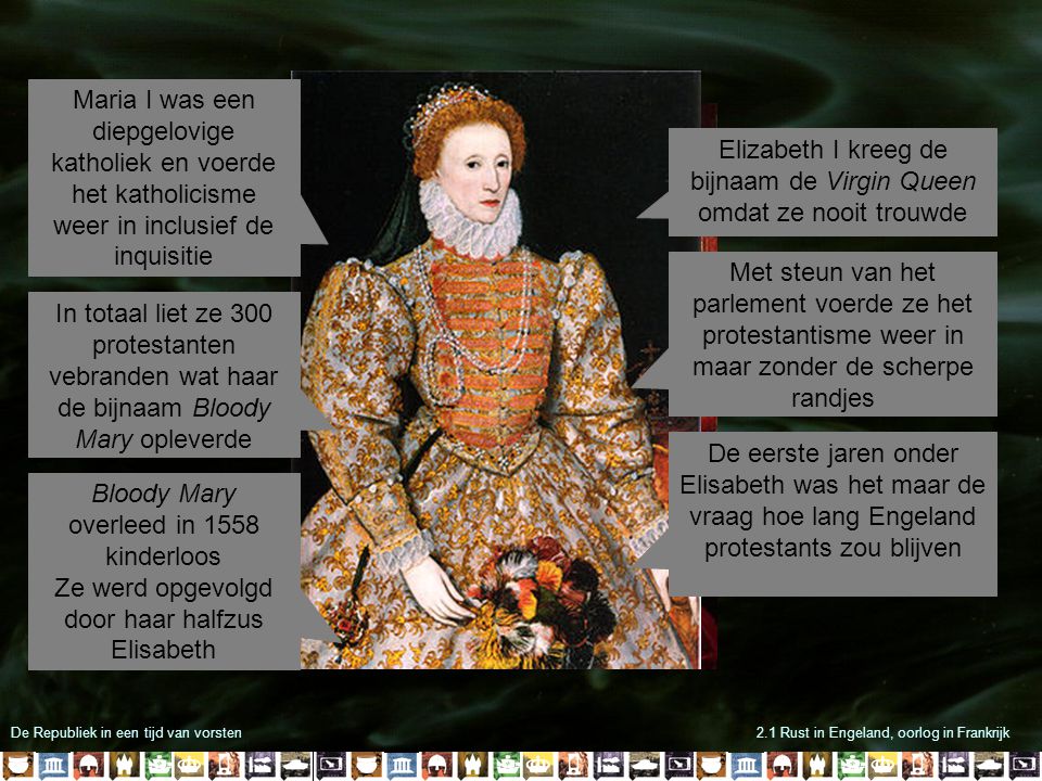 Elizabeth I kreeg de bijnaam de Virgin Queen omdat ze nooit trouwde