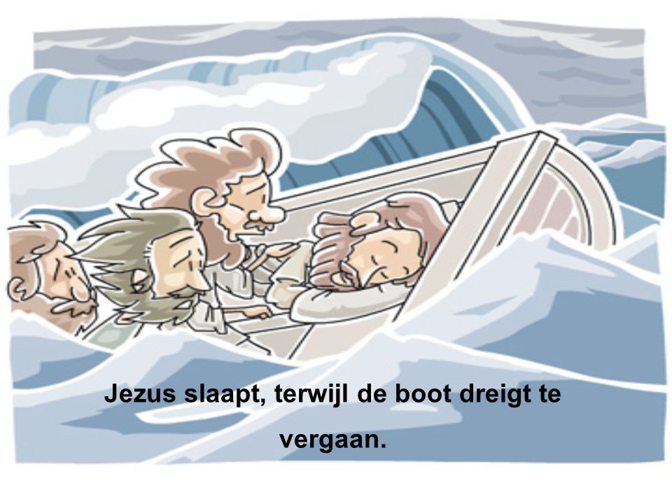 Jezus slaapt, terwijl de boot dreigt te vergaan.